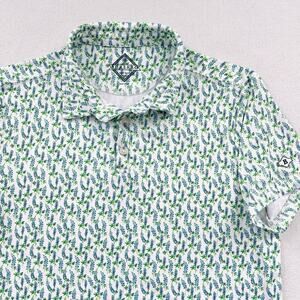 BURLEBO Youth Blue Green Floral Print Performance Short Sleeve Polo XL 14 / 16